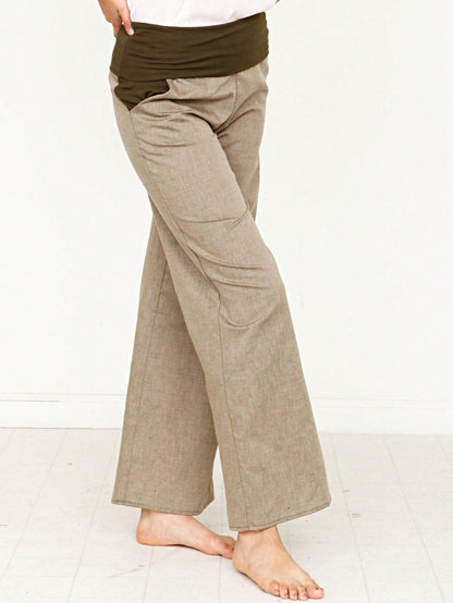 Boho Solid Fold Over Lounge Pants  Plain Bermuda Midi Casual Linen With Pocket Pants
