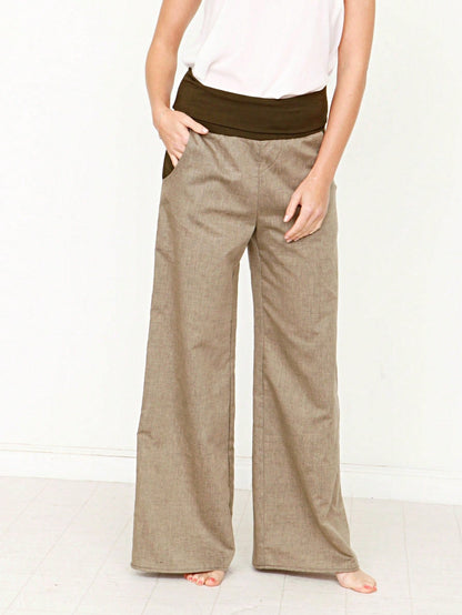 Boho Solid Fold Over Lounge Pants  Plain Bermuda Midi Casual Linen With Pocket Pants