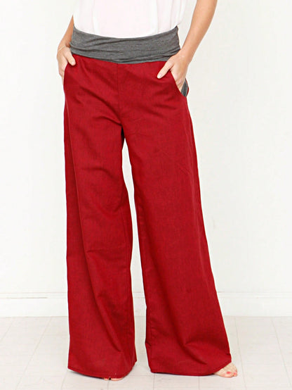 Boho Solid Fold Over Lounge Pants  Plain Bermuda Midi Casual Linen With Pocket Pants