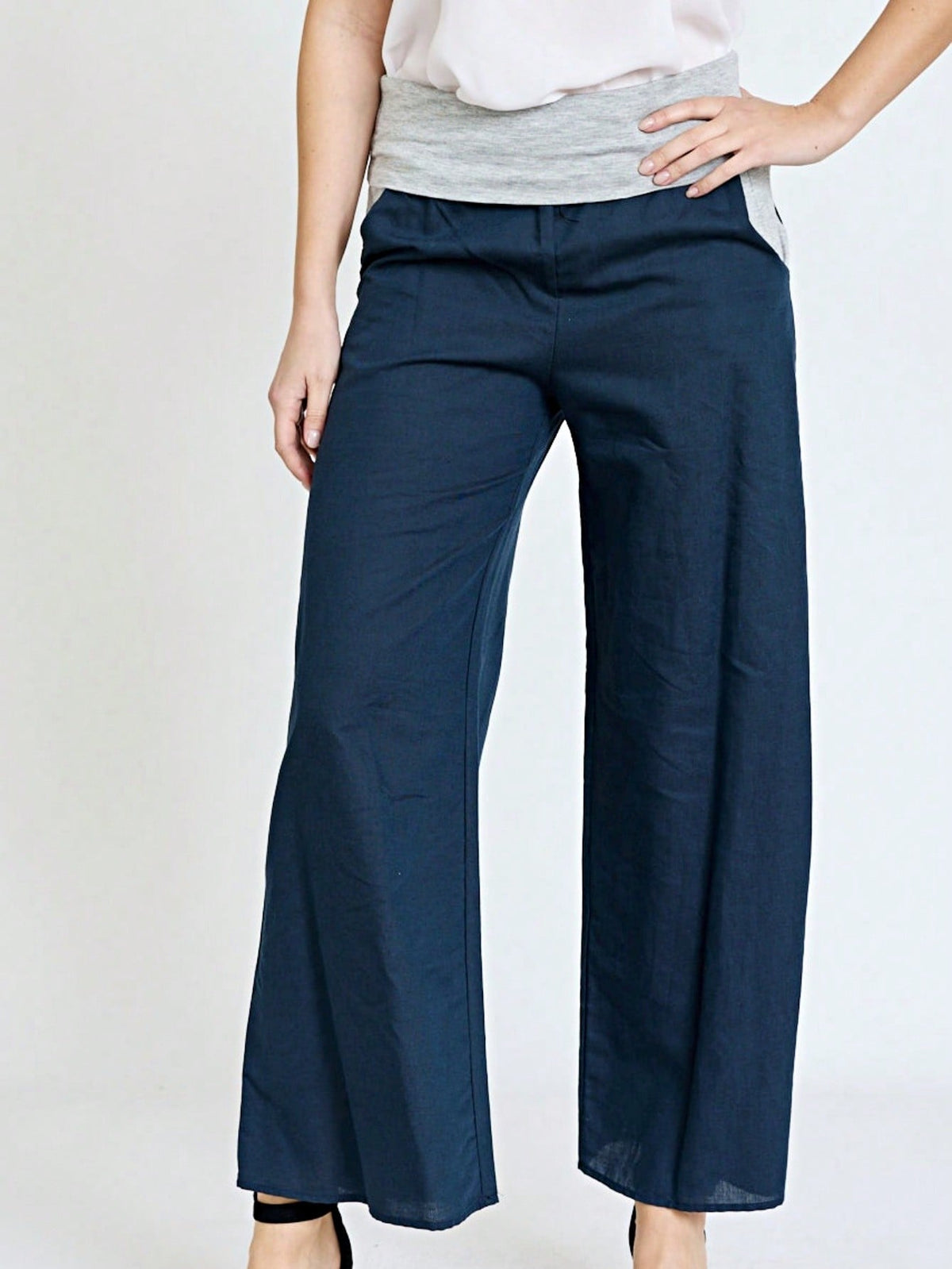 Boho Solid Fold Over Lounge Pants  Plain Bermuda Midi Casual Linen With Pocket Pants