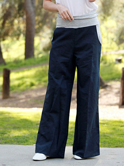 Boho Solid Fold Over Lounge Pants  Plain Bermuda Midi Casual Linen With Pocket Pants