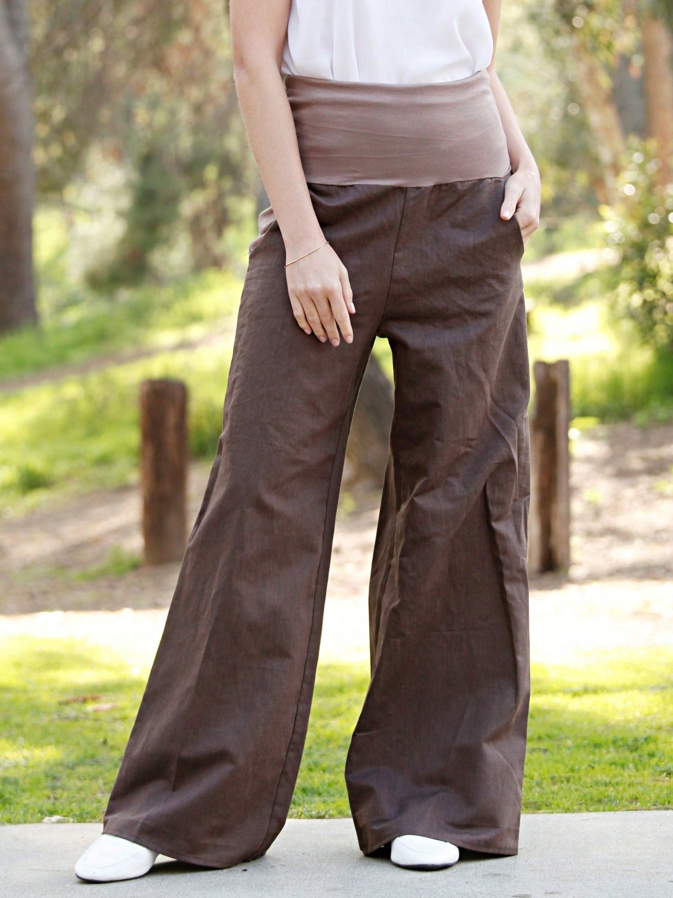 Boho Solid Fold Over Lounge Pants  Plain Bermuda Midi Casual Linen With Pocket Pants