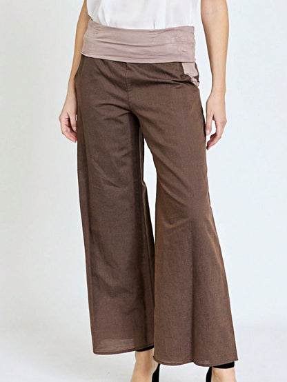 Boho Solid Fold Over Lounge Pants  Plain Bermuda Midi Casual Linen With Pocket Pants