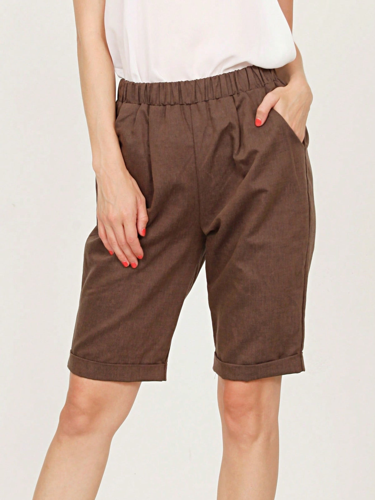 Boho Solid Fold Over Lounge Pants  Plain Bermuda Midi Casual Linen With Pocket Pants