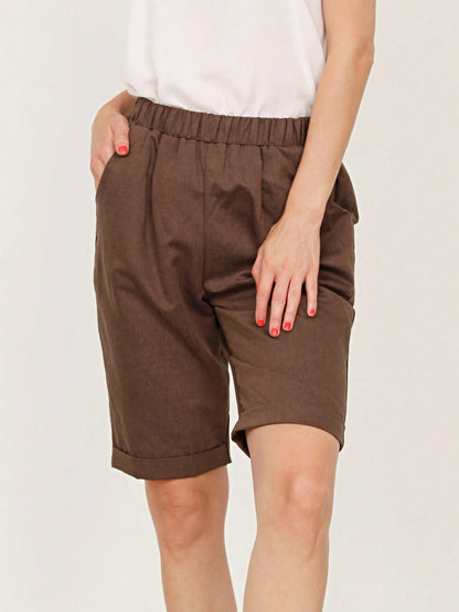 Boho Solid Fold Over Lounge Pants  Plain Bermuda Midi Casual Linen With Pocket Pants