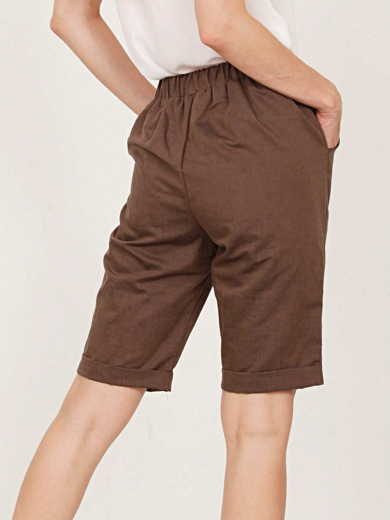 Boho Solid Fold Over Lounge Pants  Plain Bermuda Midi Casual Linen With Pocket Pants