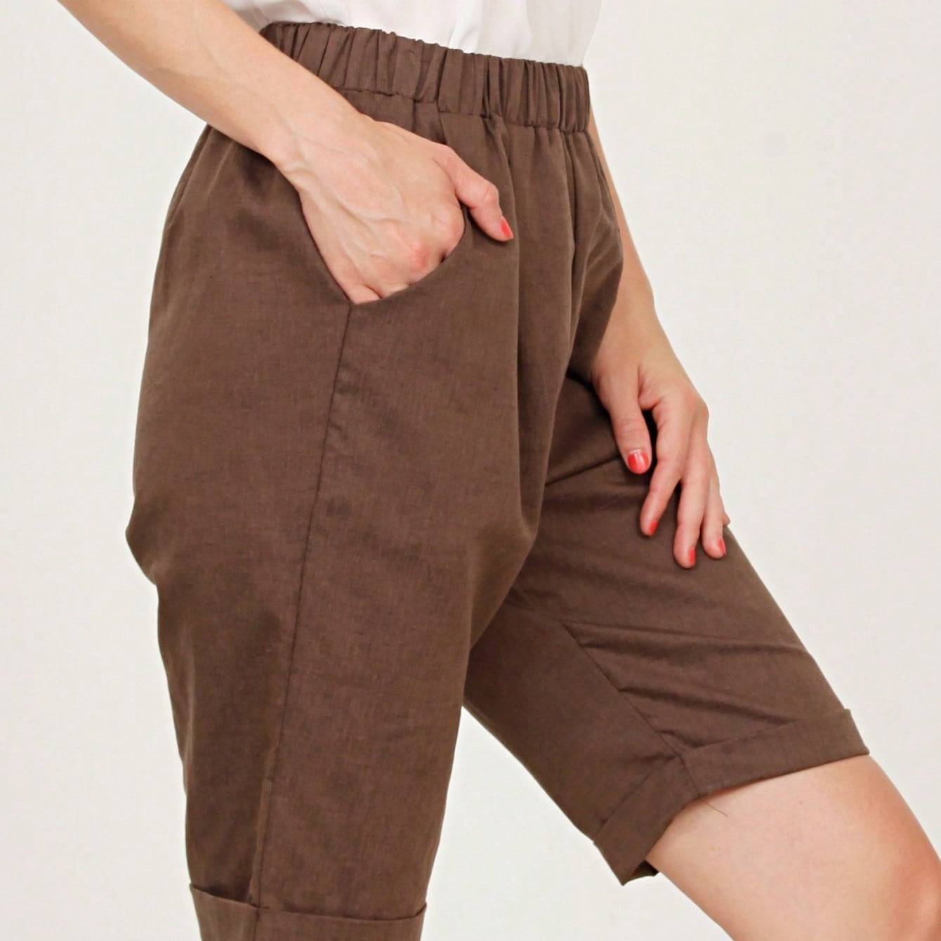 Boho Solid Fold Over Lounge Pants  Plain Bermuda Midi Casual Linen With Pocket Pants