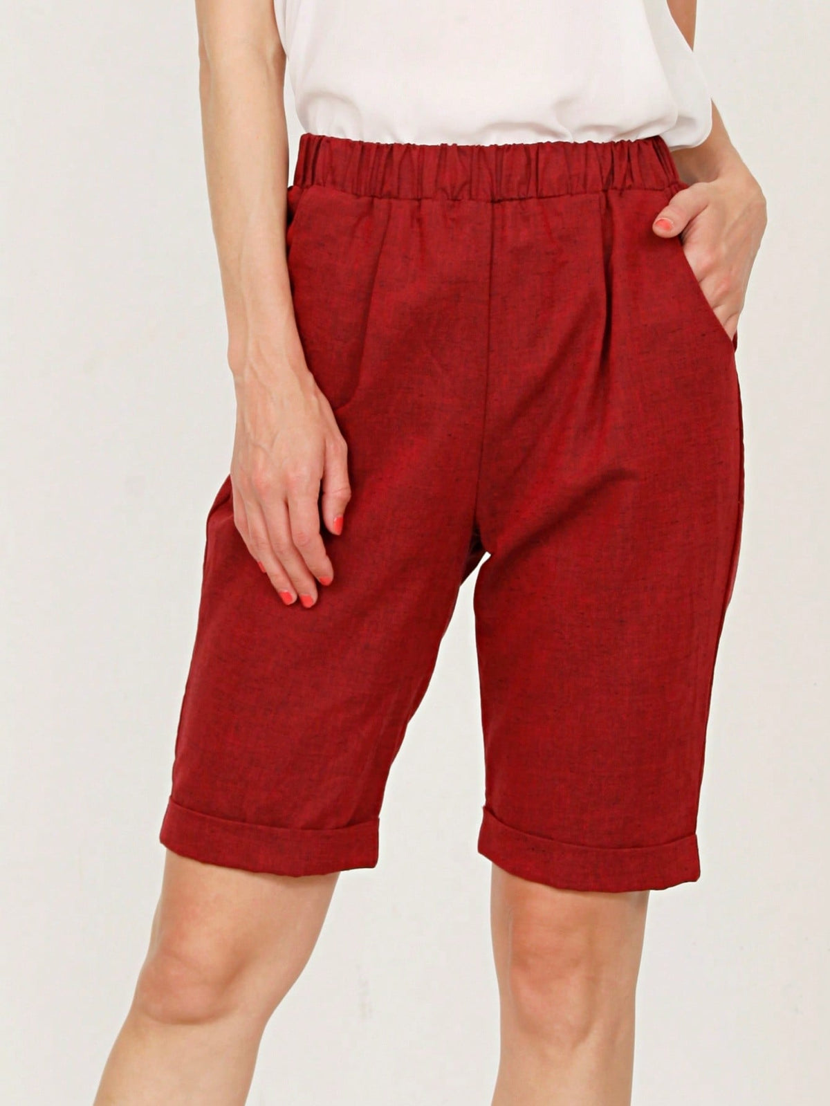 Boho Solid Fold Over Lounge Pants  Plain Bermuda Midi Casual Linen With Pocket Pants