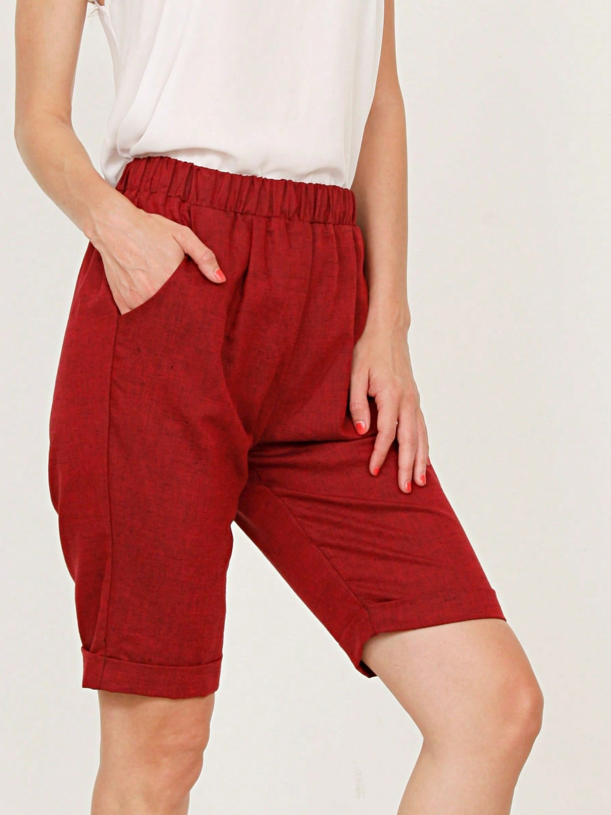 Boho Solid Fold Over Lounge Pants  Plain Bermuda Midi Casual Linen With Pocket Pants