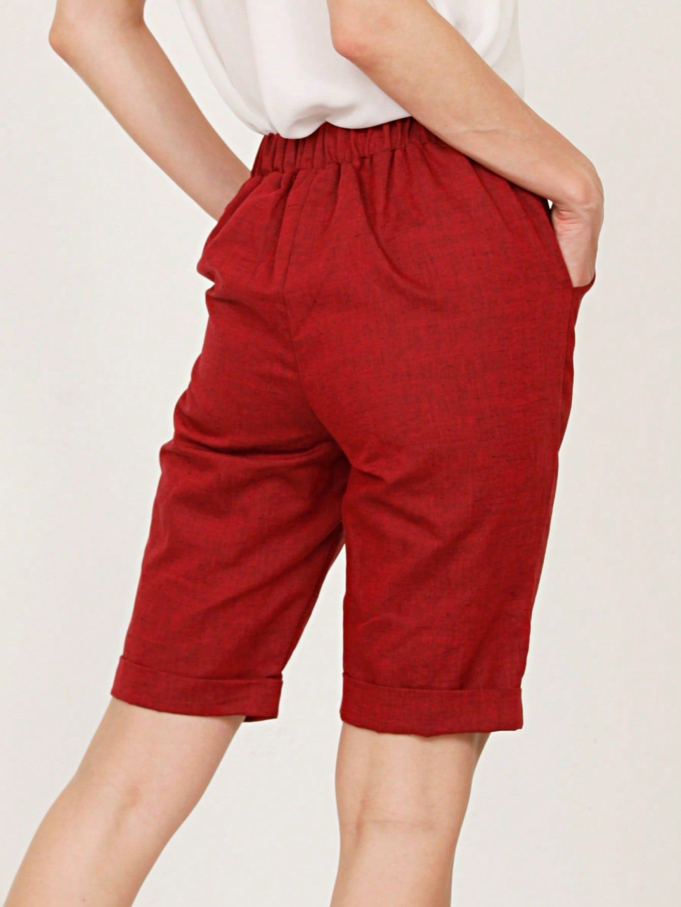 Boho Solid Fold Over Lounge Pants  Plain Bermuda Midi Casual Linen With Pocket Pants