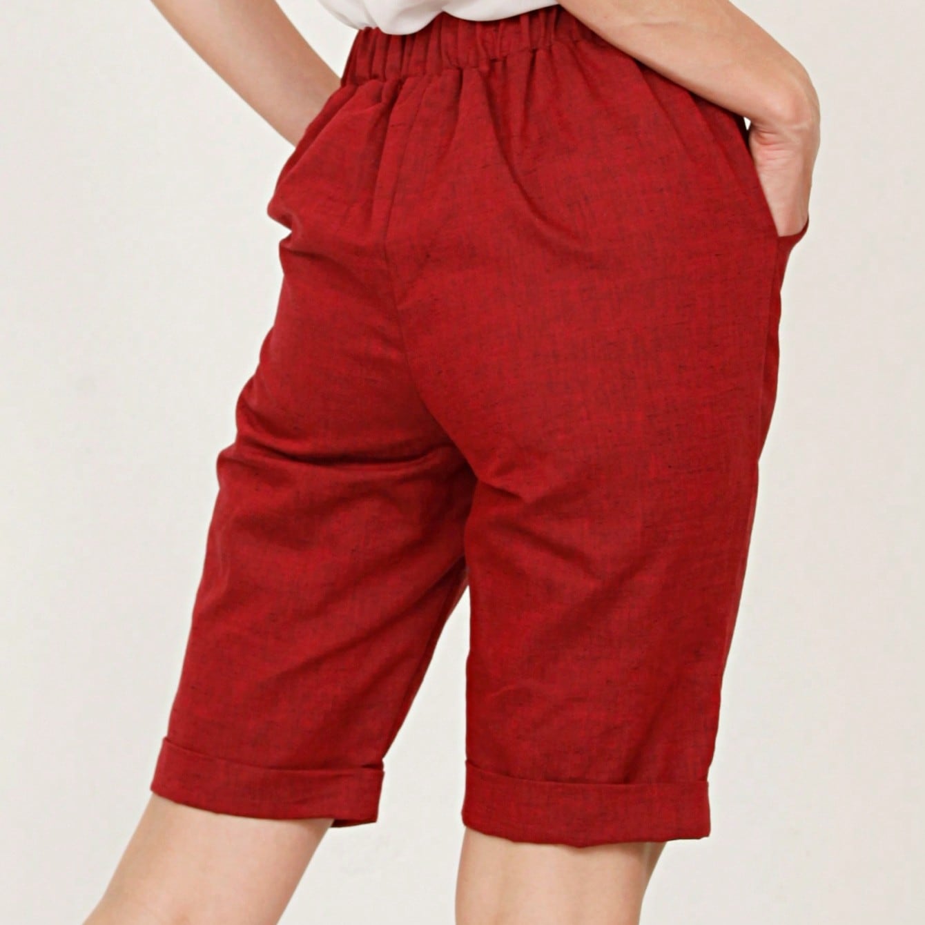 Boho Solid Fold Over Lounge Pants  Plain Bermuda Midi Casual Linen With Pocket Pants