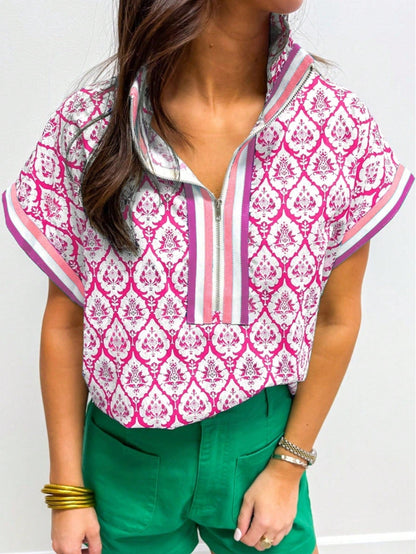 Boho Retro Vintage 60's Vibe Rose Red Floral Pleated Blue Stripe Dolman Bat Wing Ivory Whited Top Shirt Blouse