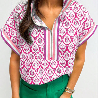 Boho Retro Vintage 60's Vibe Rose Red Floral Pleated Blue Stripe Dolman Bat Wing Ivory Whited Top Shirt Blouse