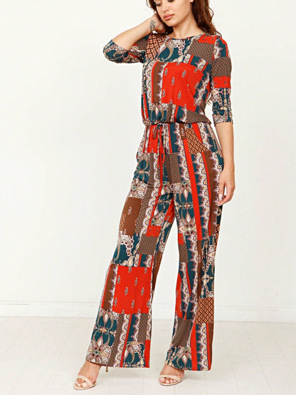 Boho Casual Beige Blue Floral Leaf Tank Cami One Shoulder Ruffle Wide Leg Jumpsuit Small To 3 XL PLUS