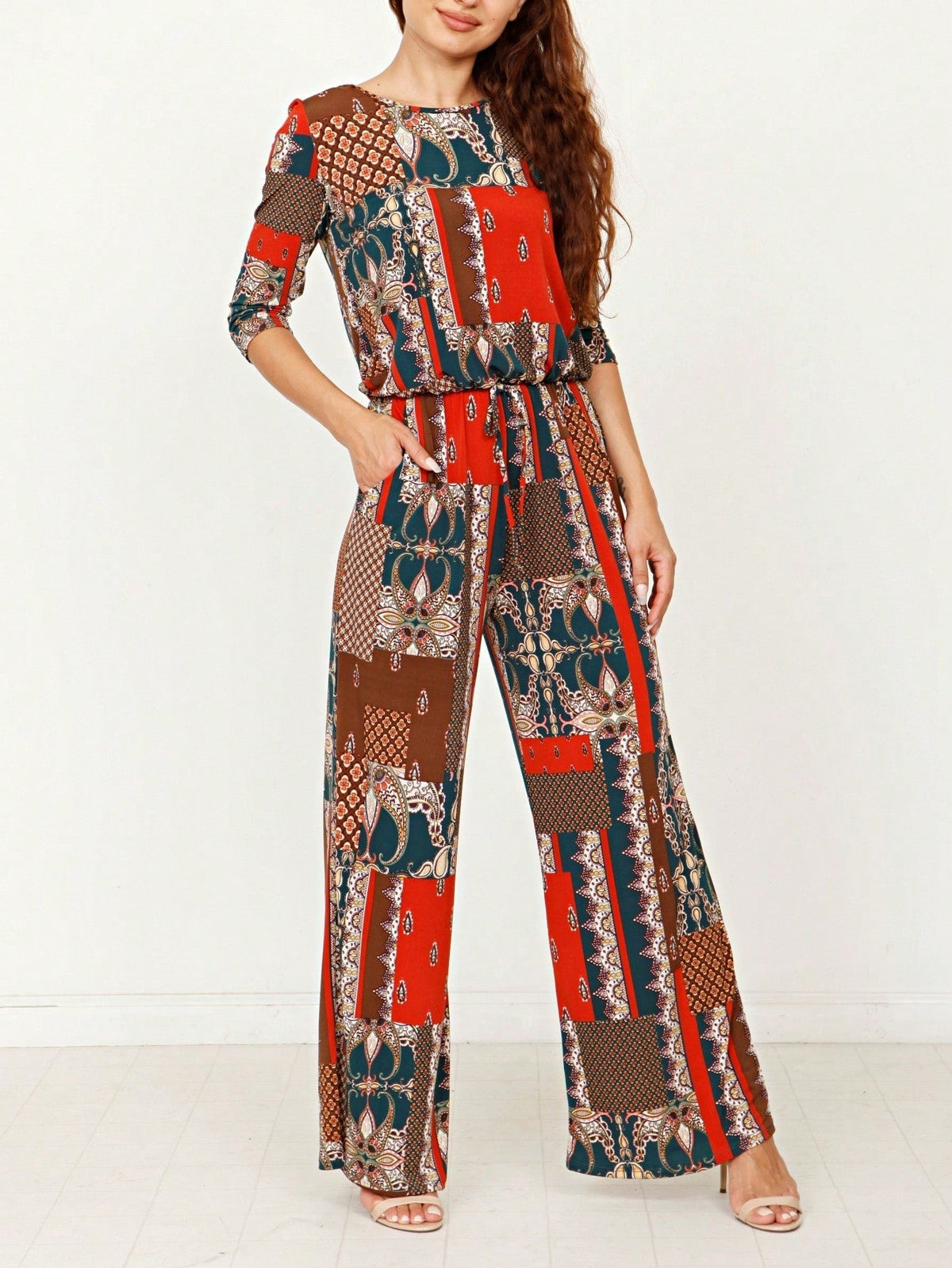 Boho Casual Beige Blue Floral Leaf Tank Cami One Shoulder Ruffle Wide Leg Jumpsuit Small To 3 XL PLUS