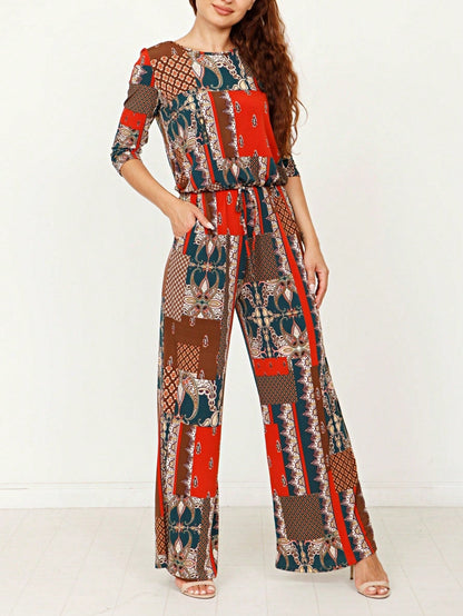 Boho Casual Beige Blue Floral Leaf Tank Cami One Shoulder Ruffle Wide Leg Jumpsuit Small To 3 XL PLUS