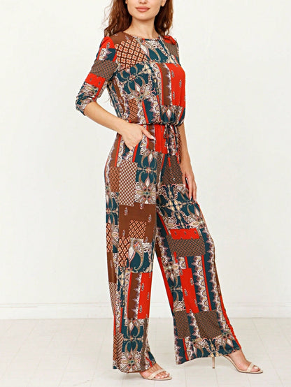 Boho Casual Beige Blue Floral Leaf Tank Cami One Shoulder Ruffle Wide Leg Jumpsuit Small To 3 XL PLUS