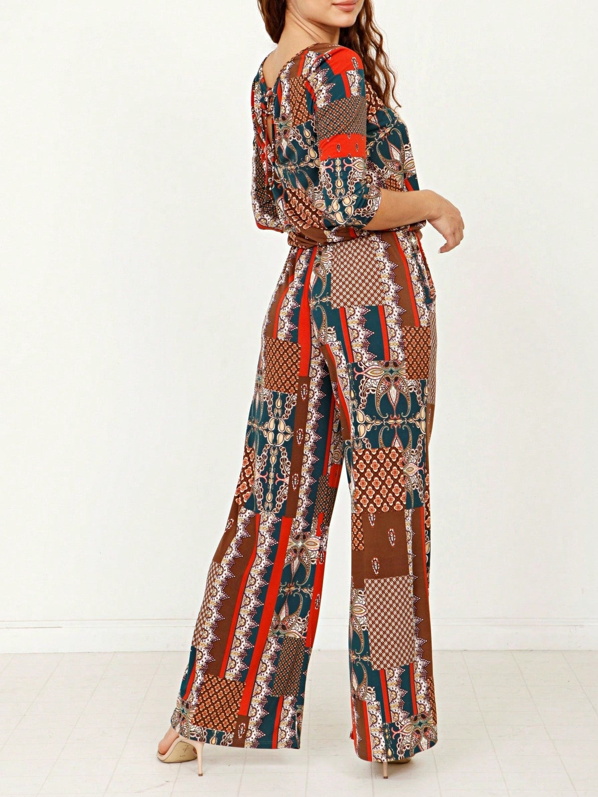 Boho Casual Beige Blue Floral Leaf Tank Cami One Shoulder Ruffle Wide Leg Jumpsuit Small To 3 XL PLUS