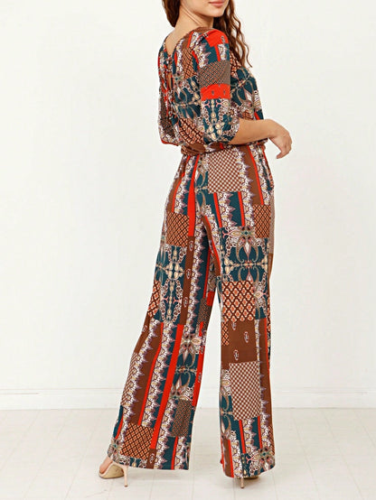 Boho Casual Beige Blue Floral Leaf Tank Cami One Shoulder Ruffle Wide Leg Jumpsuit Small To 3 XL PLUS