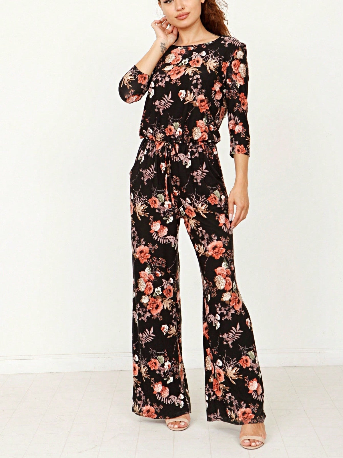 Boho Casual Beige Blue Floral Leaf Tank Cami One Shoulder Ruffle Wide Leg Jumpsuit Small To 3 XL PLUS