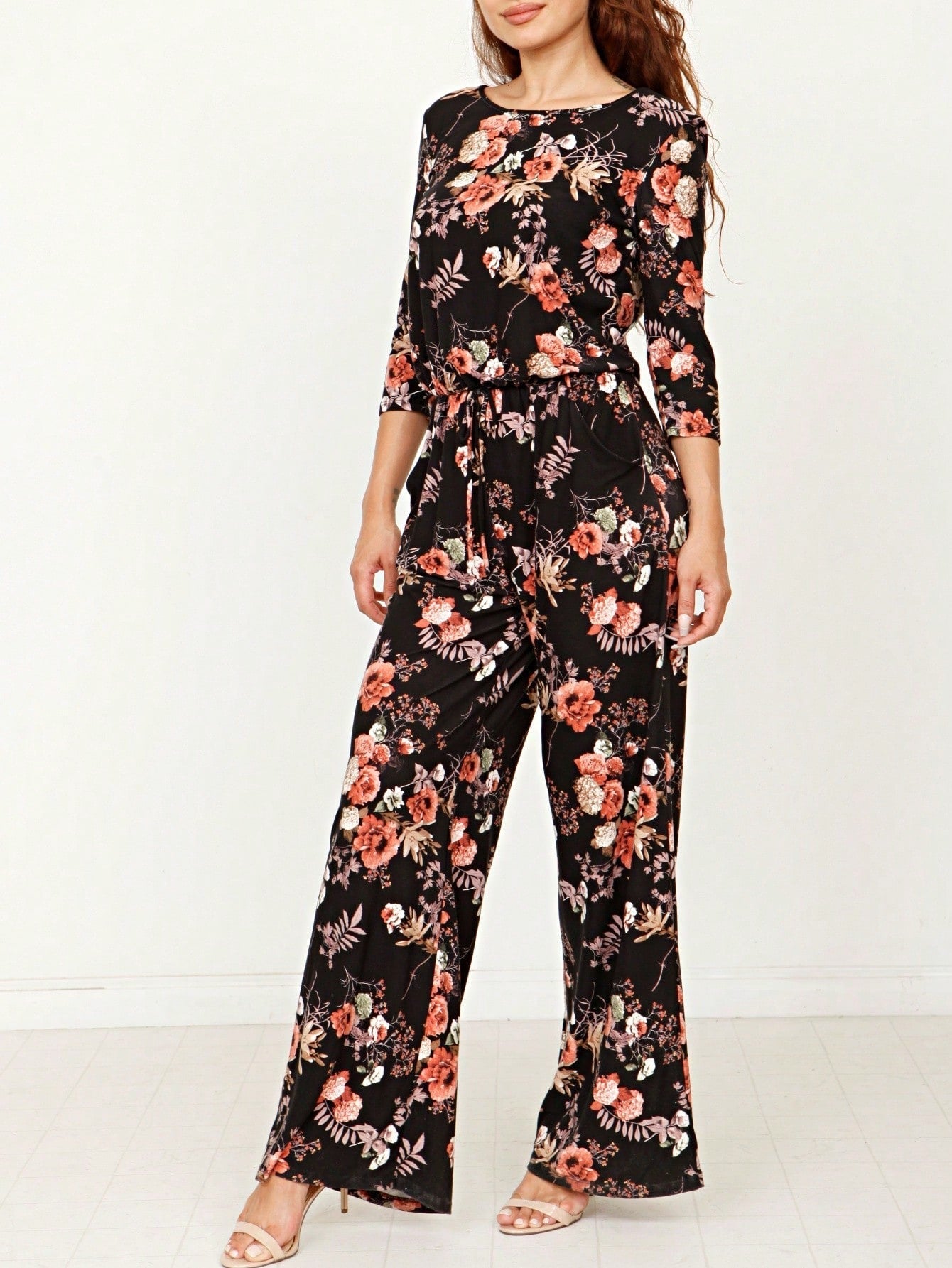 Boho Casual Beige Blue Floral Leaf Tank Cami One Shoulder Ruffle Wide Leg Jumpsuit Small To 3 XL PLUS