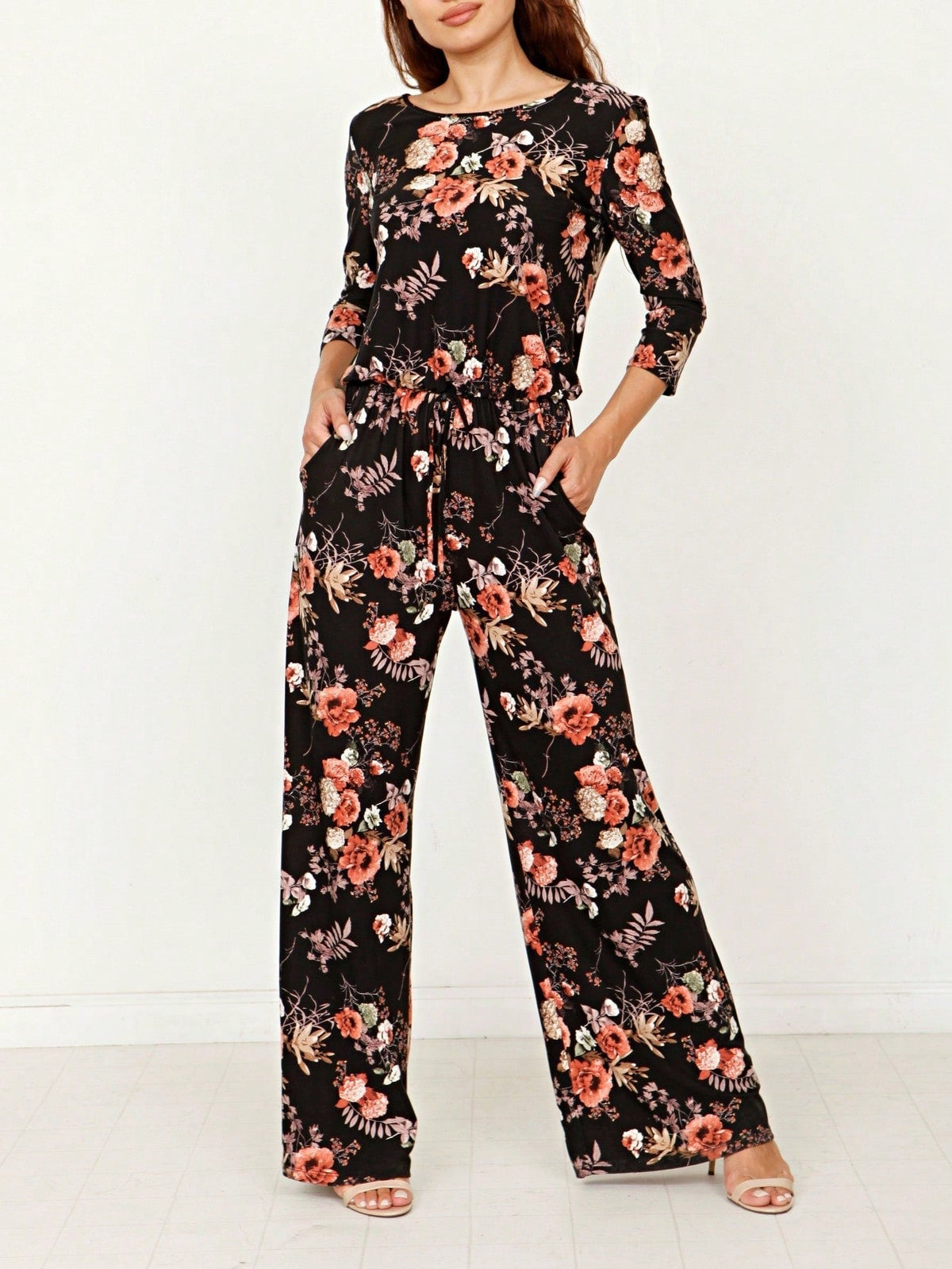 Boho Casual Beige Blue Floral Leaf Tank Cami One Shoulder Ruffle Wide Leg Jumpsuit Small To 3 XL PLUS