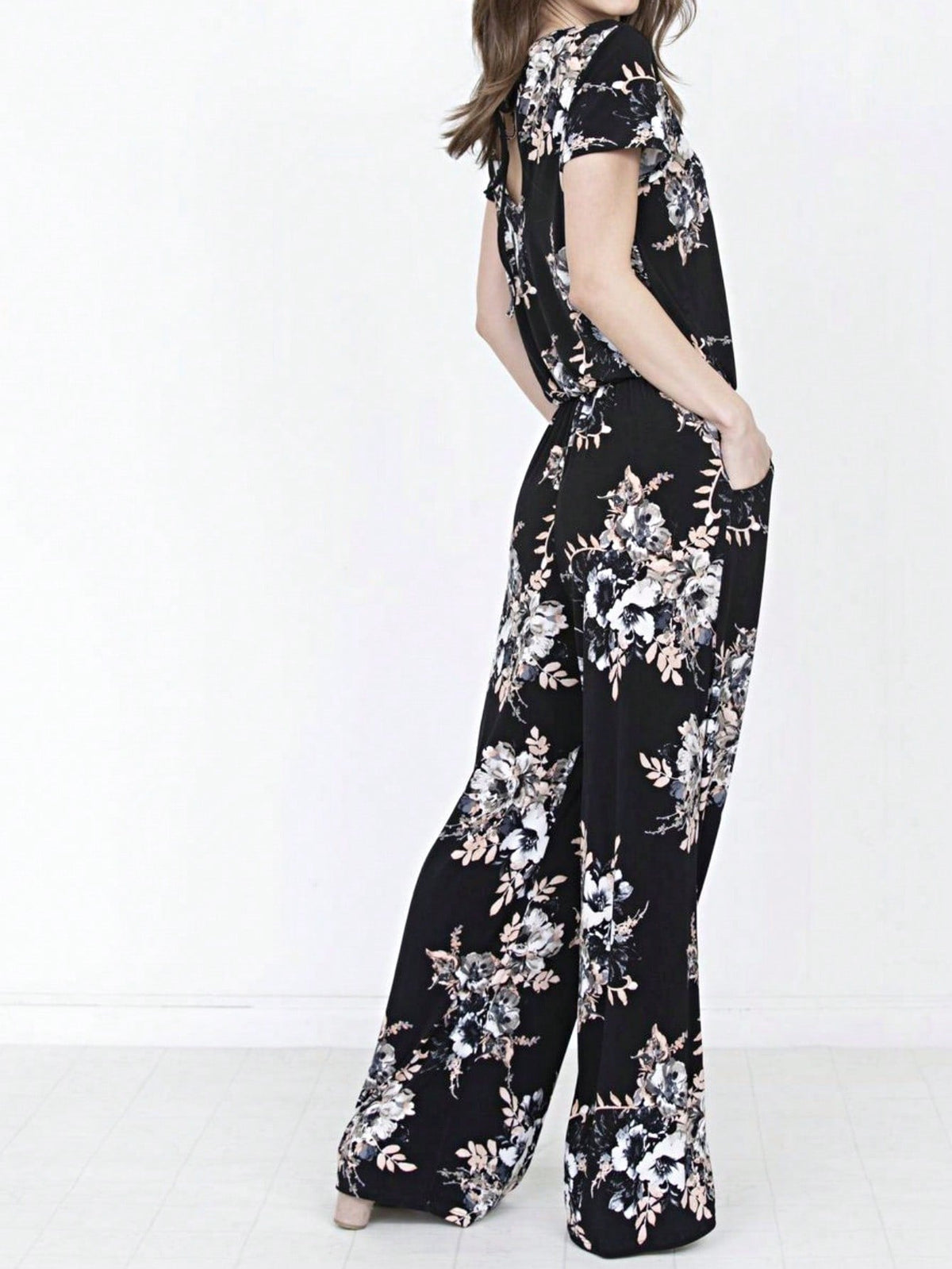 Boho Casual Beige Blue Floral Leaf Tank Cami One Shoulder Ruffle Wide Leg Jumpsuit Small To 3 XL PLUS
