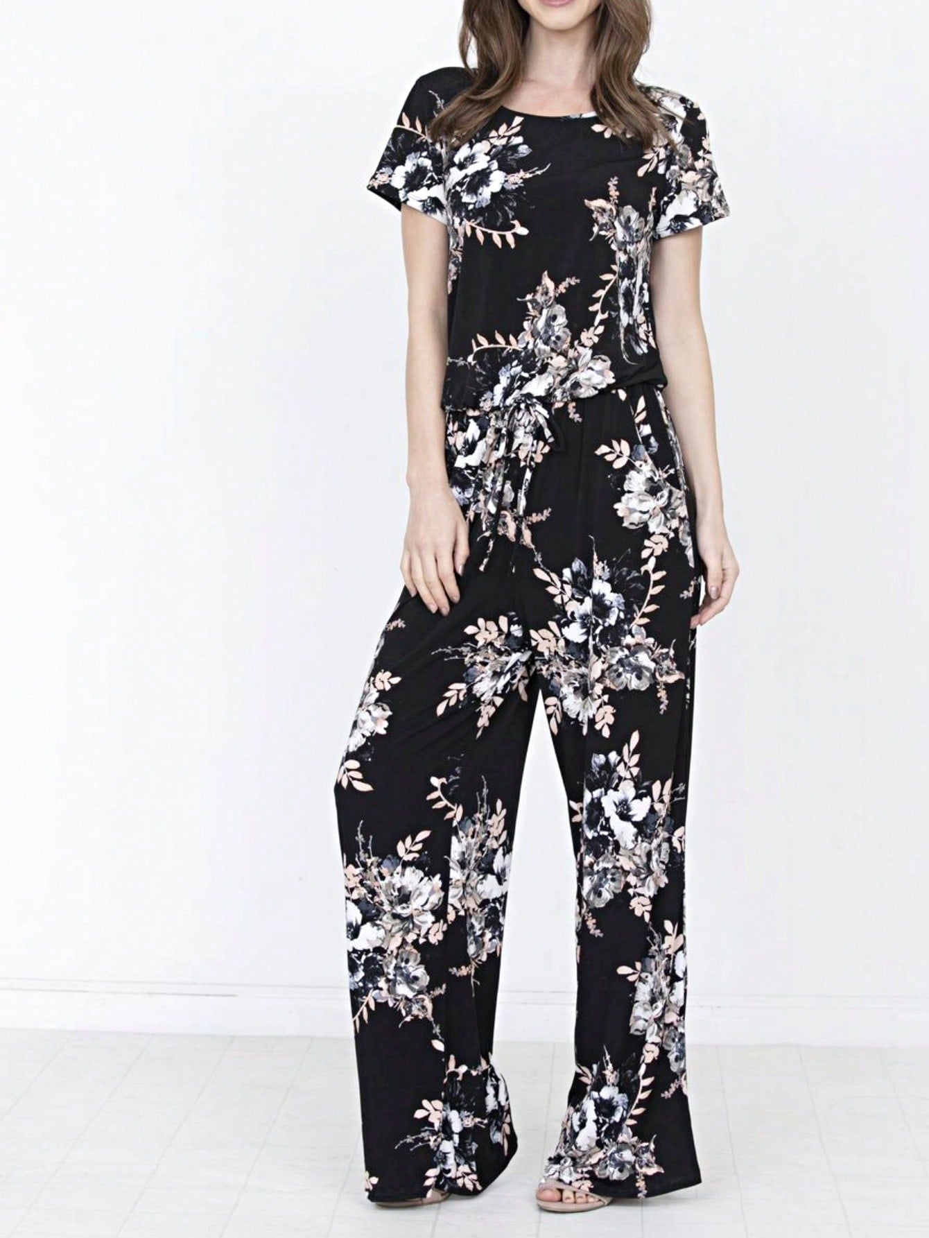 Boho Casual Beige Blue Floral Leaf Tank Cami One Shoulder Ruffle Wide Leg Jumpsuit Small To 3 XL PLUS