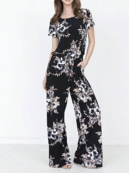 Boho Casual Beige Blue Floral Leaf Tank Cami One Shoulder Ruffle Wide Leg Jumpsuit Small To 3 XL PLUS