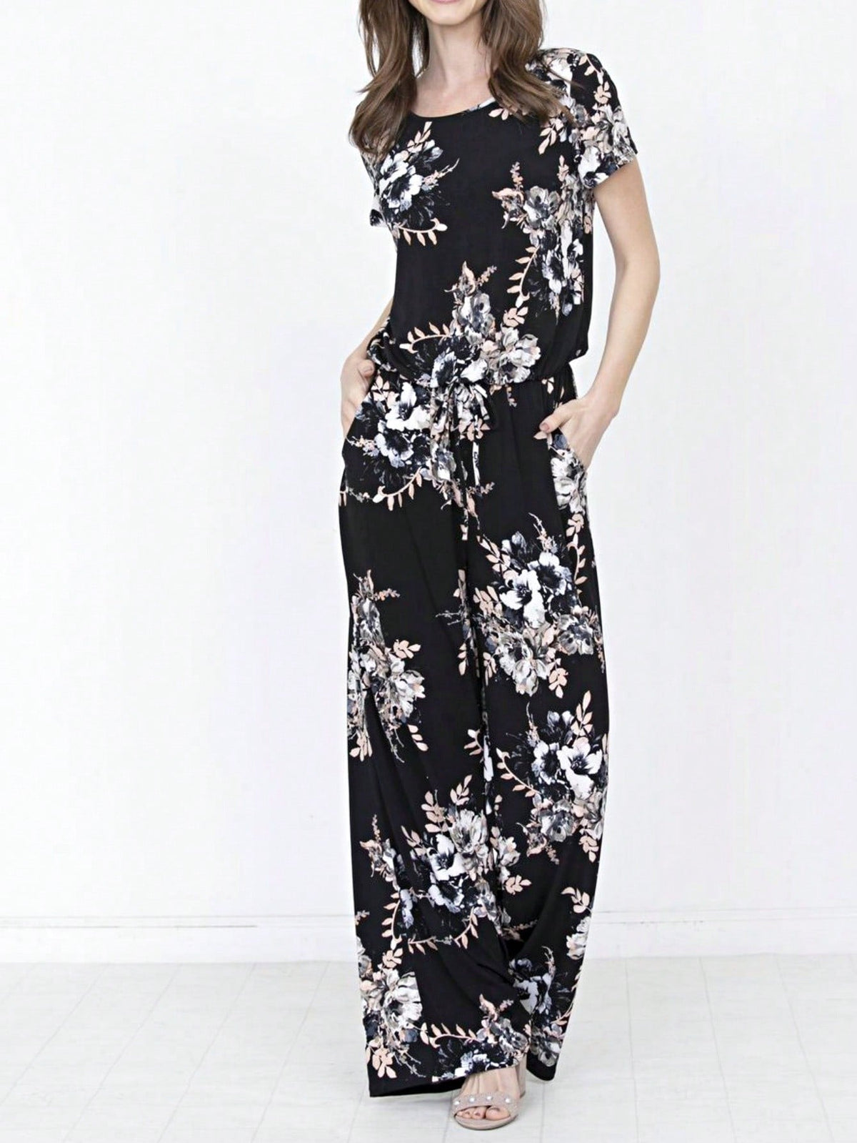 Boho Casual Beige Blue Floral Leaf Tank Cami One Shoulder Ruffle Wide Leg Jumpsuit Small To 3 XL PLUS
