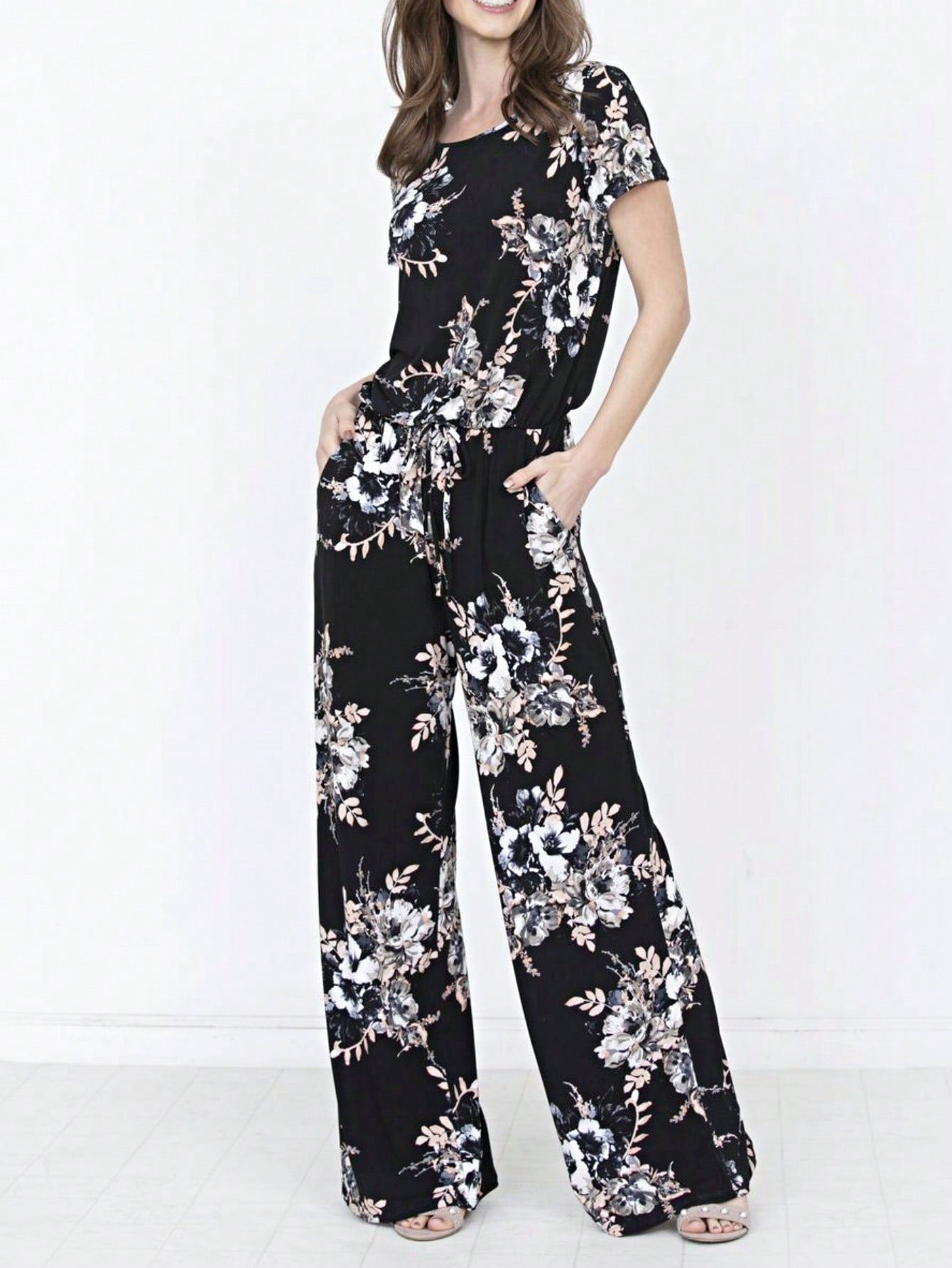 Boho Casual Beige Blue Floral Leaf Tank Cami One Shoulder Ruffle Wide Leg Jumpsuit Small To 3 XL PLUS