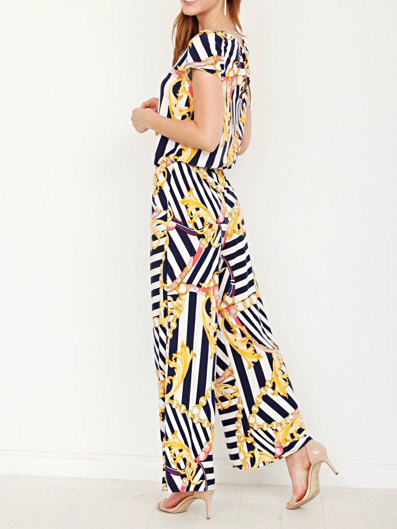 Boho Casual Beige Blue Floral Leaf Tank Cami One Shoulder Ruffle Wide Leg Jumpsuit Small To 3 XL PLUS