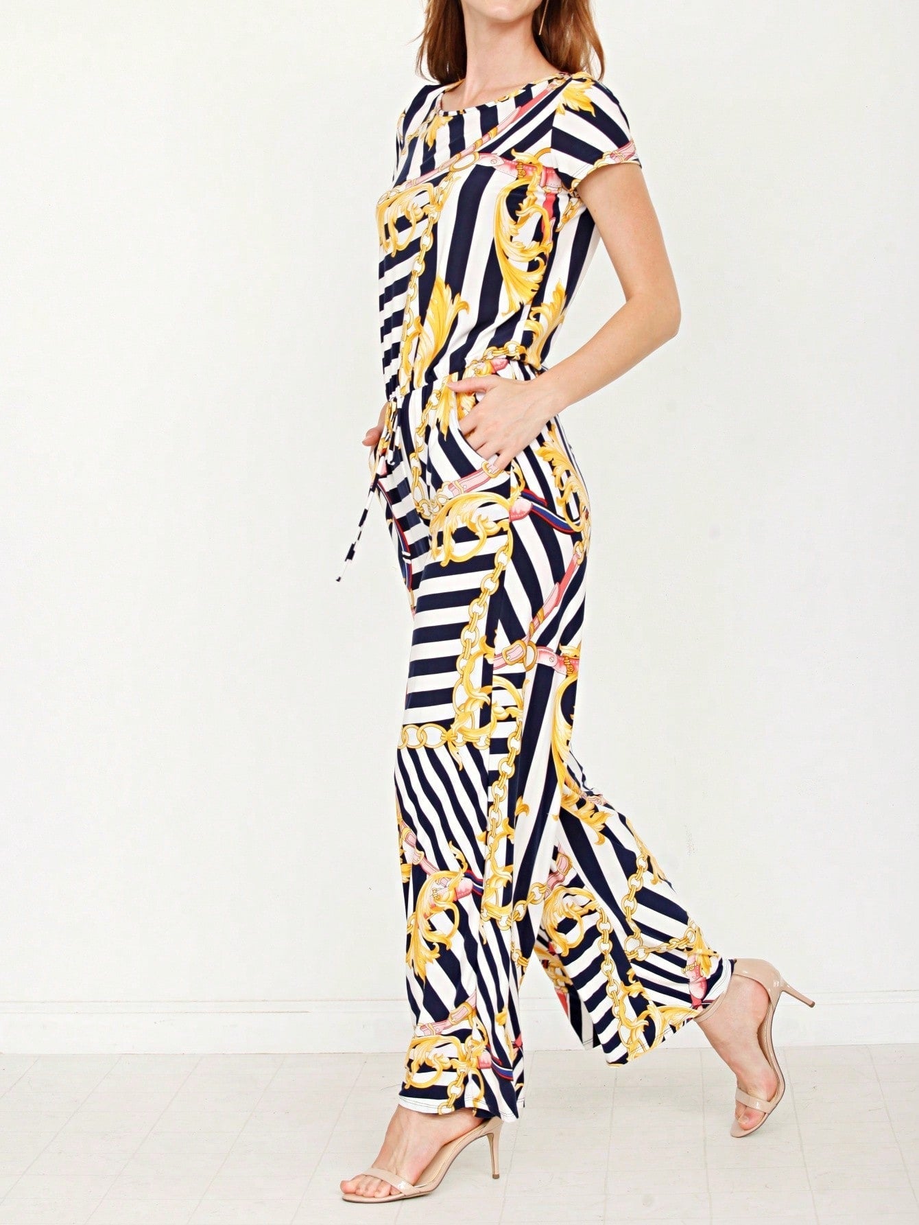 Boho Casual Beige Blue Floral Leaf Tank Cami One Shoulder Ruffle Wide Leg Jumpsuit Small To 3 XL PLUS