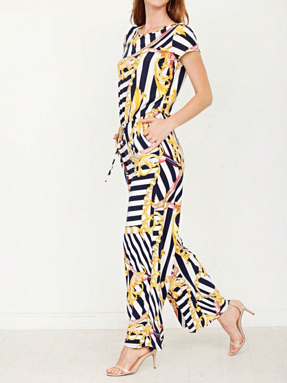 Boho Casual Beige Blue Floral Leaf Tank Cami One Shoulder Ruffle Wide Leg Jumpsuit Small To 3 XL PLUS