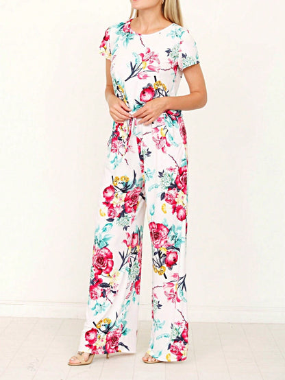 Boho Casual Beige Blue Floral Leaf Tank Cami One Shoulder Ruffle Wide Leg Jumpsuit Small To 3 XL PLUS
