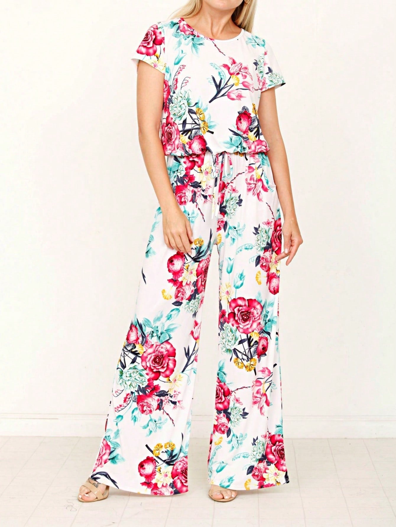 Boho Casual Beige Blue Floral Leaf Tank Cami One Shoulder Ruffle Wide Leg Jumpsuit Small To 3 XL PLUS