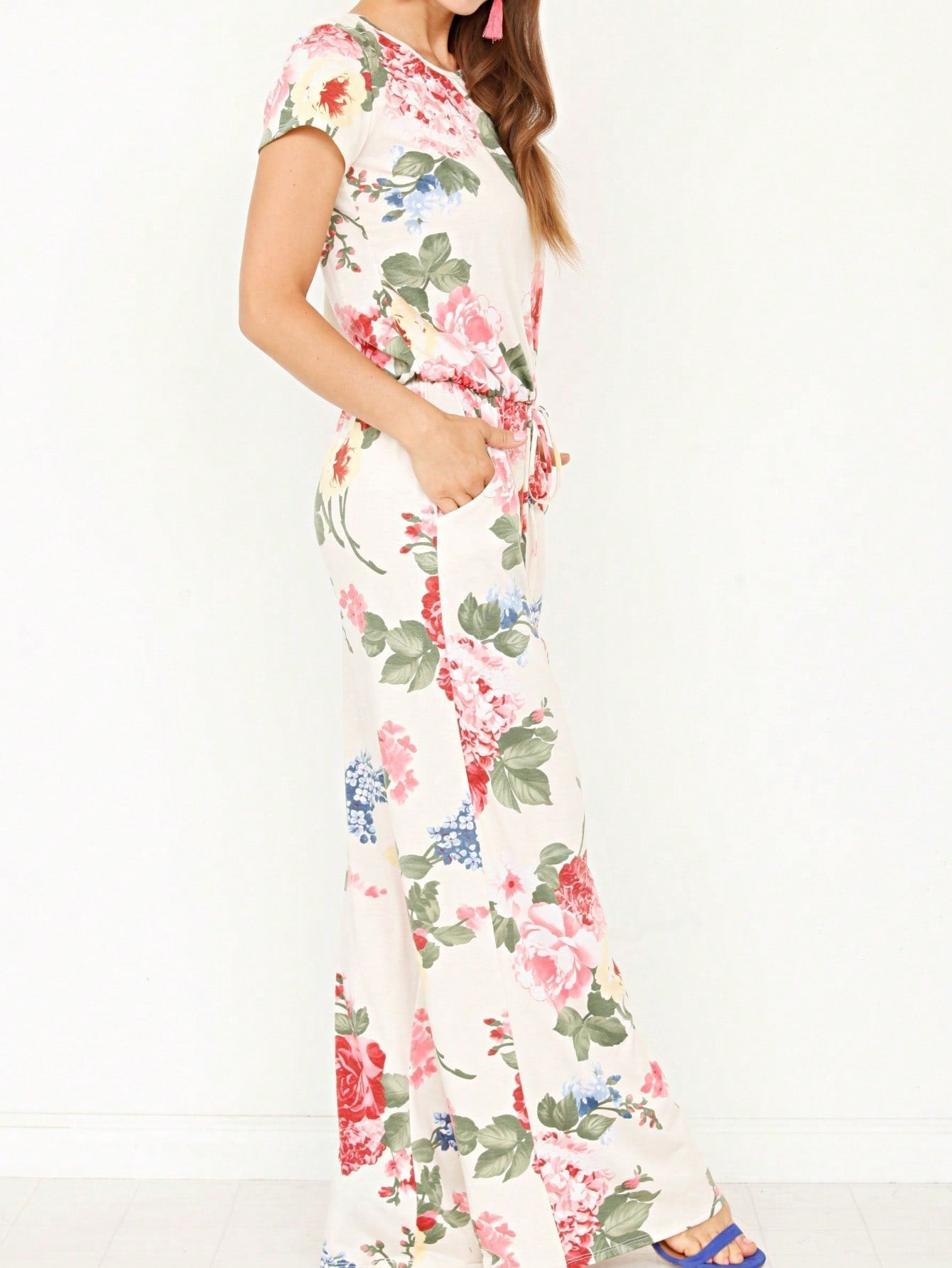 Boho Casual Beige Blue Floral Leaf Tank Cami One Shoulder Ruffle Wide Leg Jumpsuit Small To 3 XL PLUS