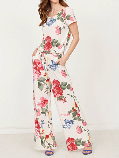 Boho Casual Beige Blue Floral Leaf Tank Cami One Shoulder Ruffle Wide Leg Jumpsuit Small To 3 XL PLUS