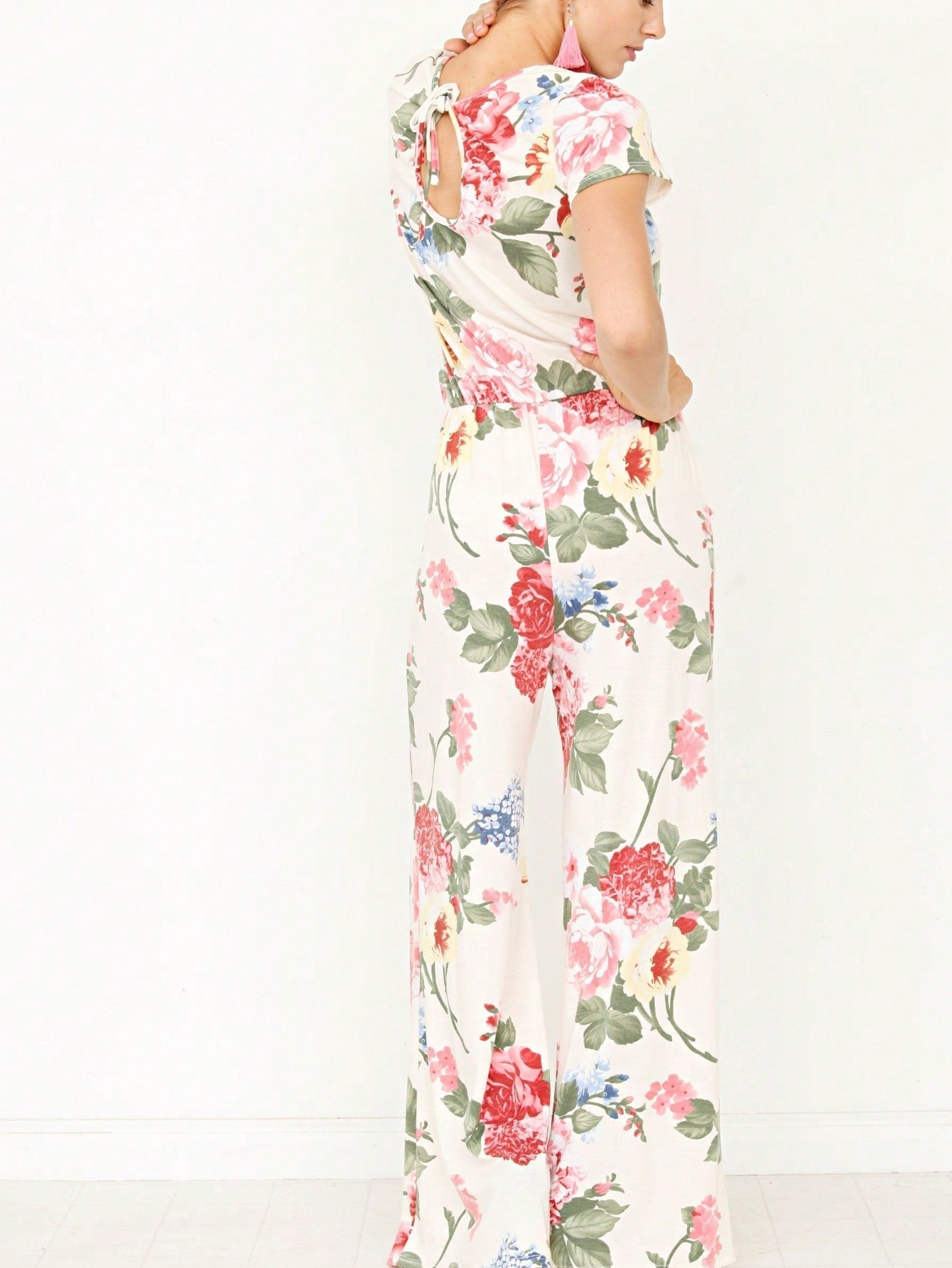 Boho Casual Beige Blue Floral Leaf Tank Cami One Shoulder Ruffle Wide Leg Jumpsuit Small To 3 XL PLUS