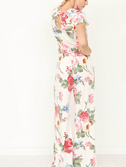 Boho Casual Beige Blue Floral Leaf Tank Cami One Shoulder Ruffle Wide Leg Jumpsuit Small To 3 XL PLUS