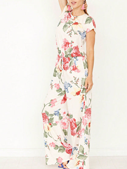 Boho Casual Beige Blue Floral Leaf Tank Cami One Shoulder Ruffle Wide Leg Jumpsuit Small To 3 XL PLUS