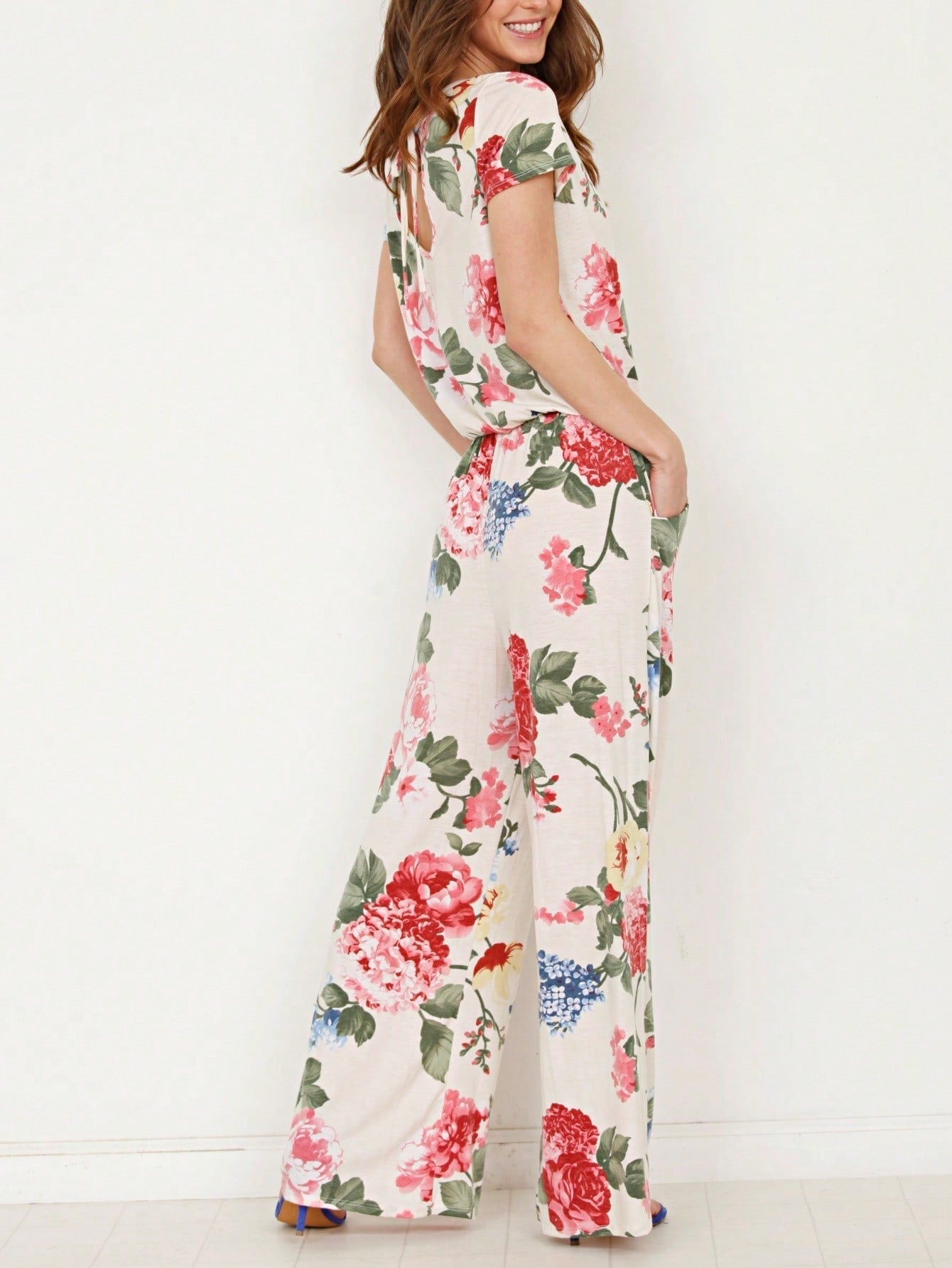 Boho Casual Beige Blue Floral Leaf Tank Cami One Shoulder Ruffle Wide Leg Jumpsuit Small To 3 XL PLUS