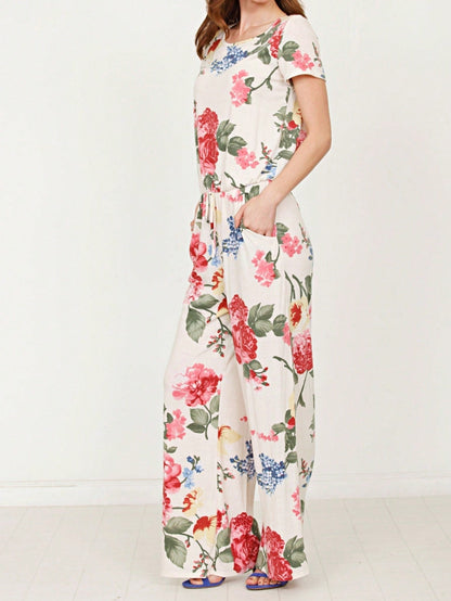 Boho Casual Beige Blue Floral Leaf Tank Cami One Shoulder Ruffle Wide Leg Jumpsuit Small To 3 XL PLUS