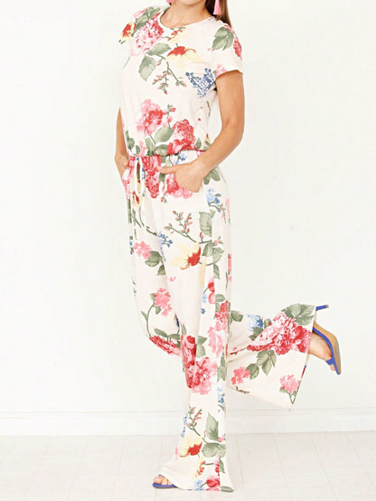 Boho Casual Beige Blue Floral Leaf Tank Cami One Shoulder Ruffle Wide Leg Jumpsuit Small To 3 XL PLUS