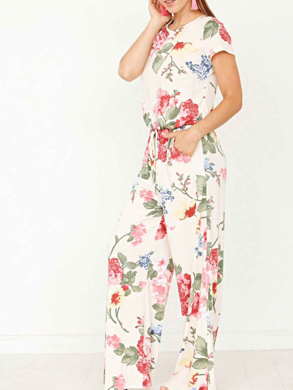 Boho Casual Beige Blue Floral Leaf Tank Cami One Shoulder Ruffle Wide Leg Jumpsuit Small To 3 XL PLUS