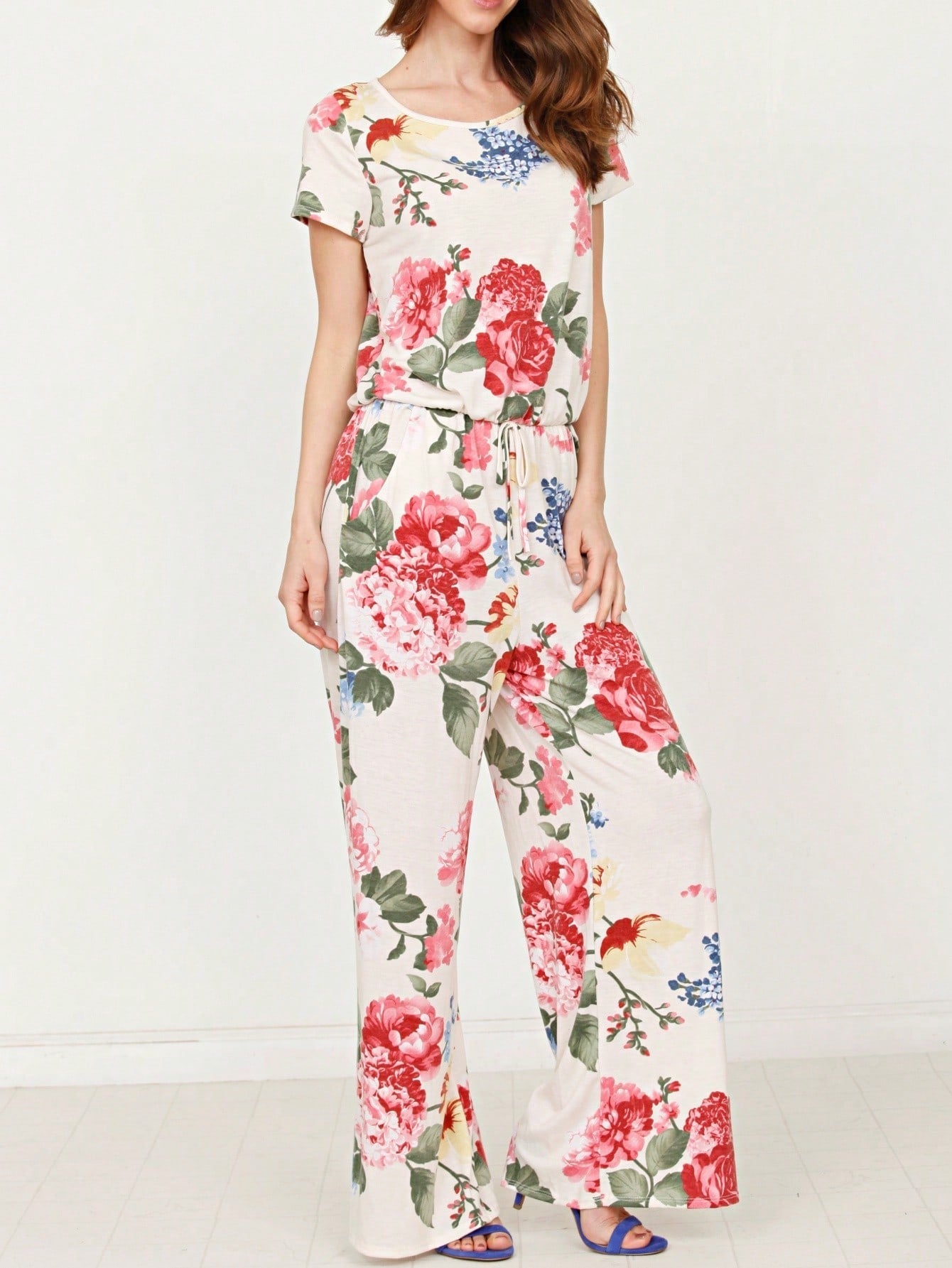Boho Casual Beige Blue Floral Leaf Tank Cami One Shoulder Ruffle Wide Leg Jumpsuit Small To 3 XL PLUS
