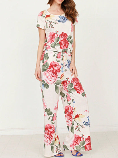 Boho Casual Beige Blue Floral Leaf Tank Cami One Shoulder Ruffle Wide Leg Jumpsuit Small To 3 XL PLUS