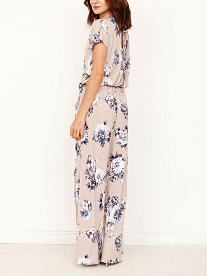 Boho Casual Beige Blue Floral Leaf Tank Cami One Shoulder Ruffle Wide Leg Jumpsuit Small To 3 XL PLUS