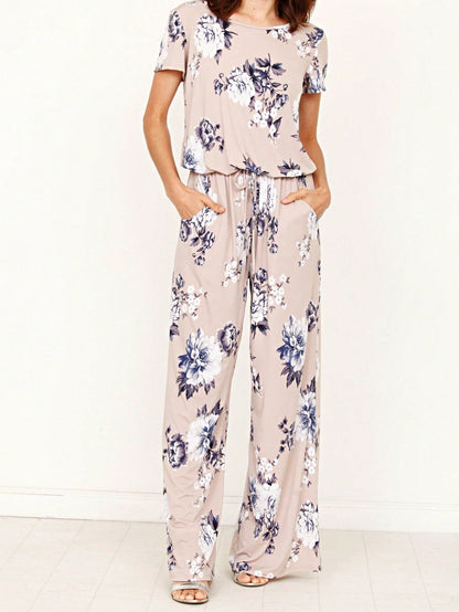 Boho Casual Beige Blue Floral Leaf Tank Cami One Shoulder Ruffle Wide Leg Jumpsuit Small To 3 XL PLUS