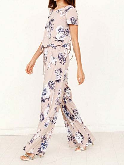 Boho Casual Beige Blue Floral Leaf Tank Cami One Shoulder Ruffle Wide Leg Jumpsuit Small To 3 XL PLUS